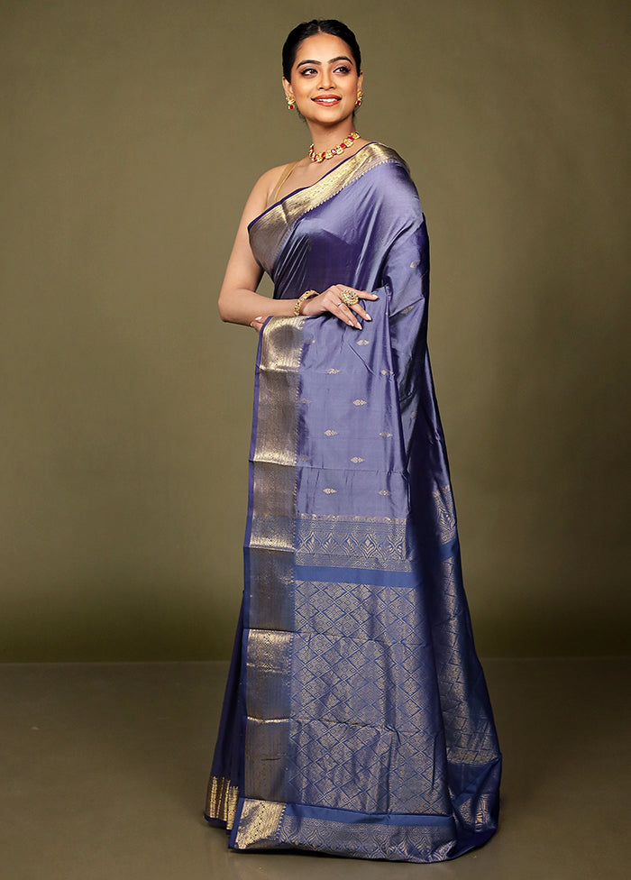 Purple Handloom Kanjivaram Pure Silk Saree With Blouse Piece