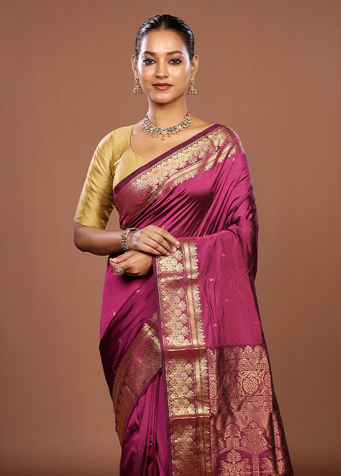 Purple Handloom Kanjivaram Pure Silk Saree With Blouse Piece
