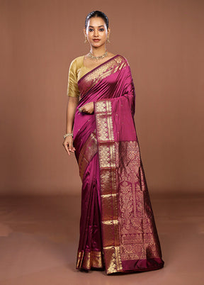Purple Handloom Kanjivaram Pure Silk Saree With Blouse Piece