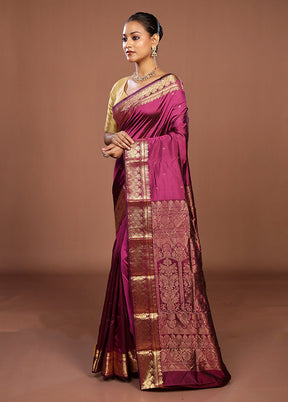 Purple Handloom Kanjivaram Pure Silk Saree With Blouse Piece