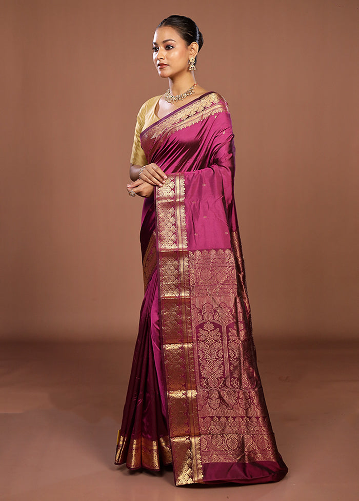 Purple Handloom Kanjivaram Pure Silk Saree With Blouse Piece