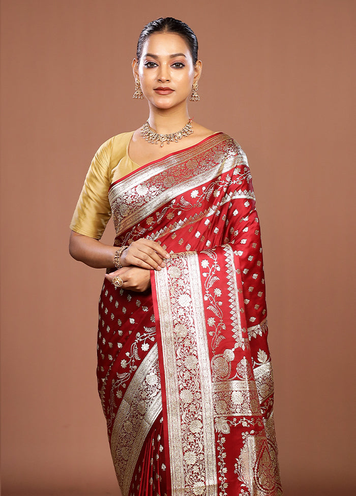 Maroon Banarasi Silk Saree With Blouse Piece