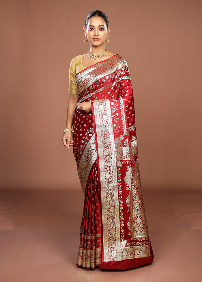 Maroon Banarasi Silk Saree With Blouse Piece