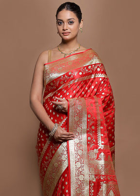 Red Banarasi Silk Saree With Blouse Piece