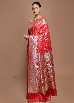 Red Banarasi Silk Saree With Blouse Piece