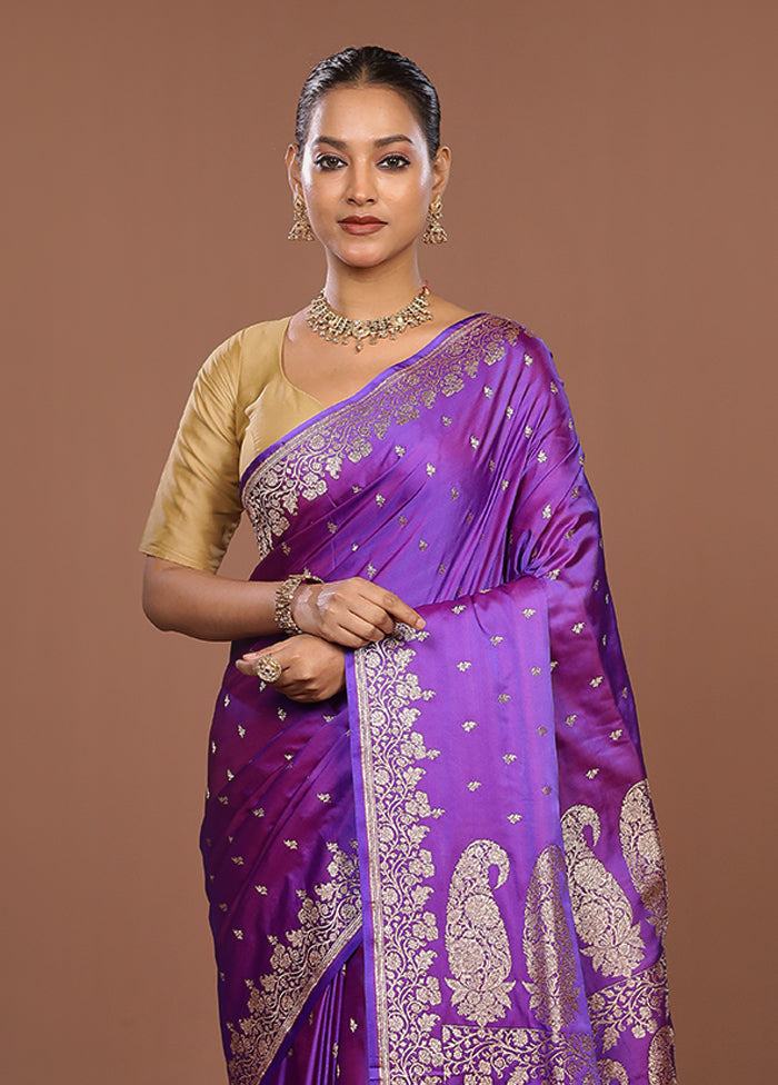Purple Banarasi Silk Saree With Blouse Piece