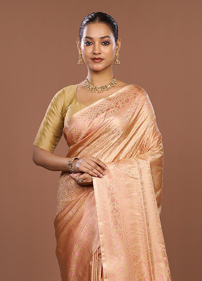 Peach Jamewar Silk Saree With Blouse Piece