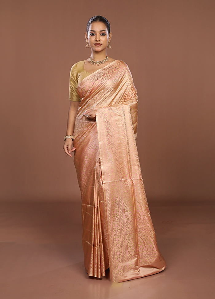 Peach Jamewar Silk Saree With Blouse Piece