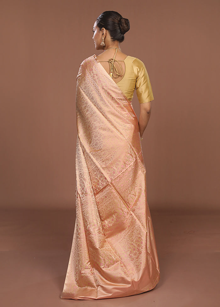 Peach Jamewar Silk Saree With Blouse Piece