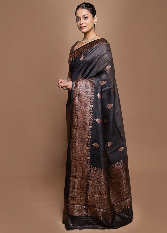 Black Handloom Tussar Pure Silk Saree With Blouse Piece