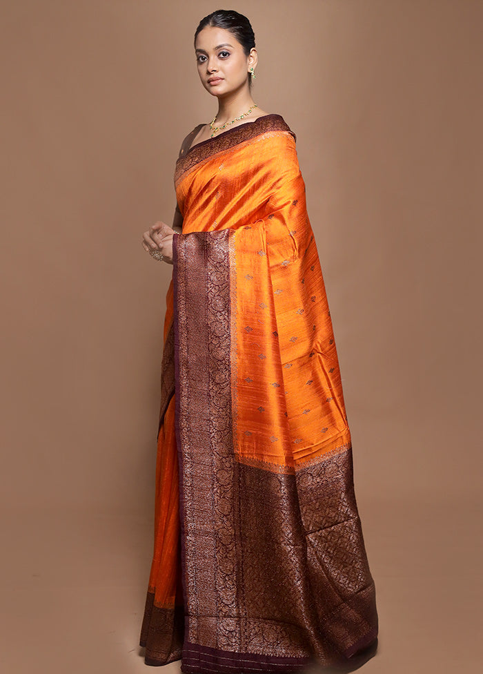 Orange Handloom Tussar Pure Silk Saree With Blouse Piece