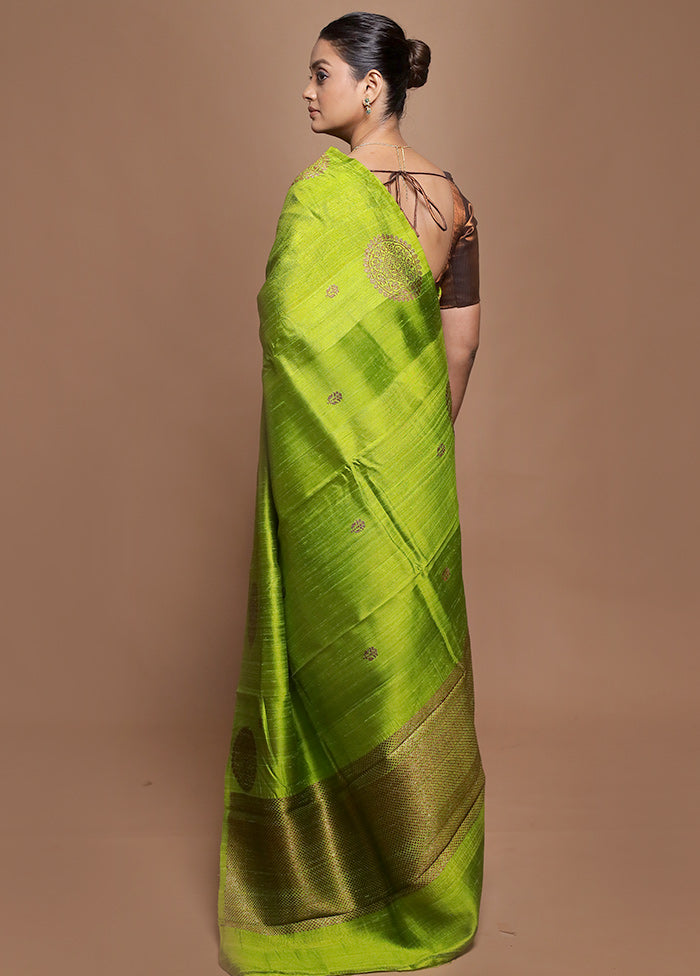 Green Handloom Tussar Pure Silk Saree With Blouse Piece