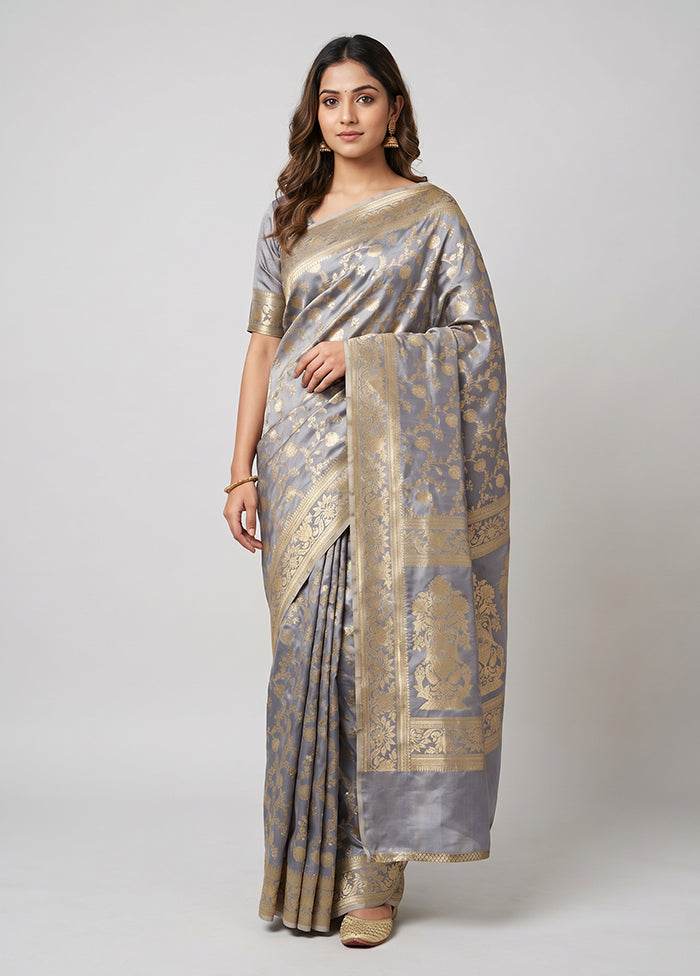 Grey Tanchoi Silk Saree With Blouse Piece
