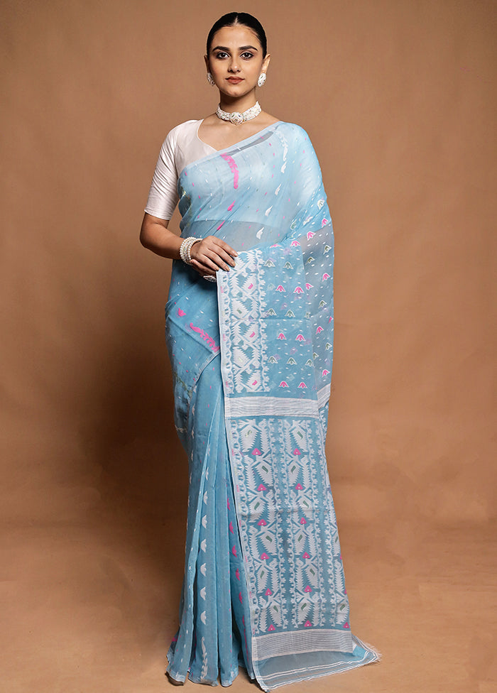 Blue Tant Jamdani Saree Without Blouse Piece