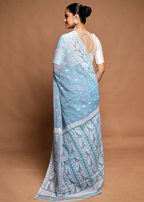 Blue Tant Jamdani Saree Without Blouse Piece