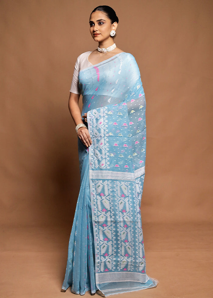 Blue Tant Jamdani Saree Without Blouse Piece