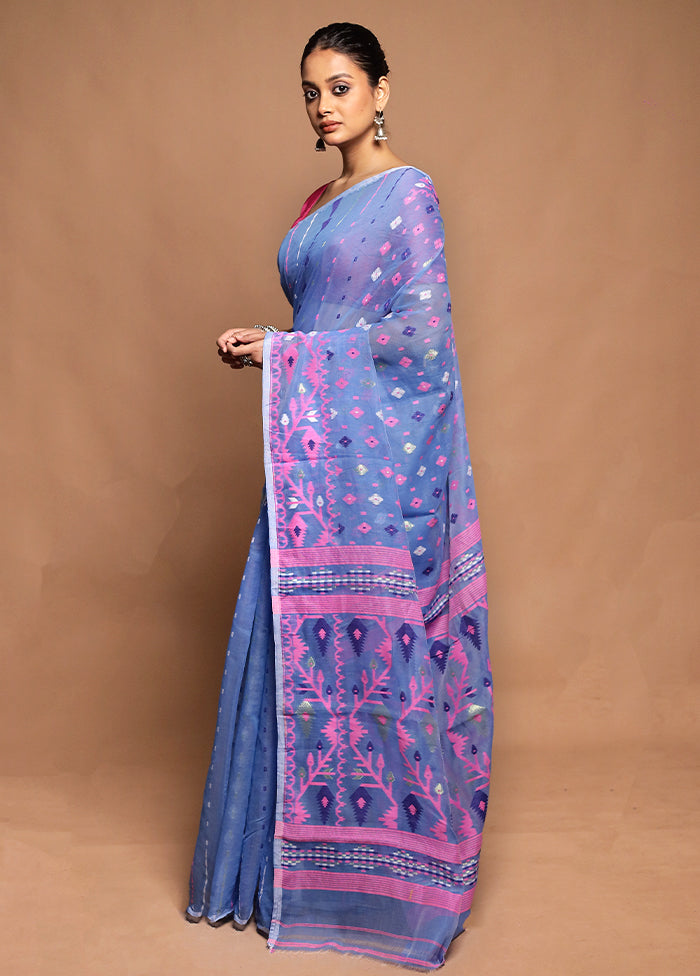 Blue Tant Jamdani Saree Without Blouse Piece