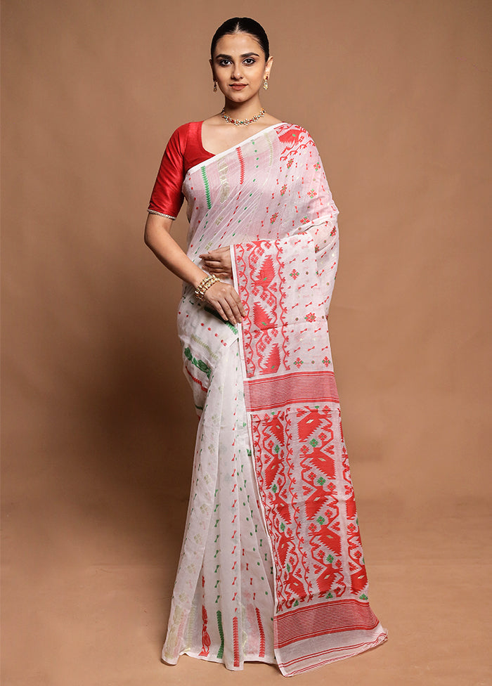 White Tant Jamdani Saree Without Blouse Piece