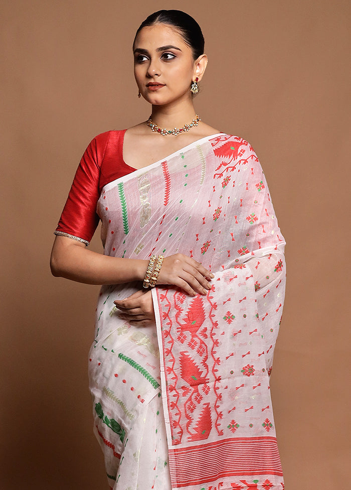 White Tant Jamdani Saree Without Blouse Piece