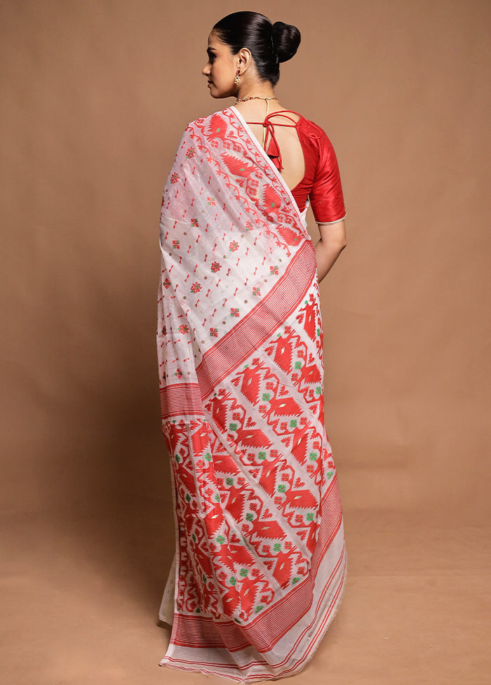 White Tant Jamdani Saree Without Blouse Piece