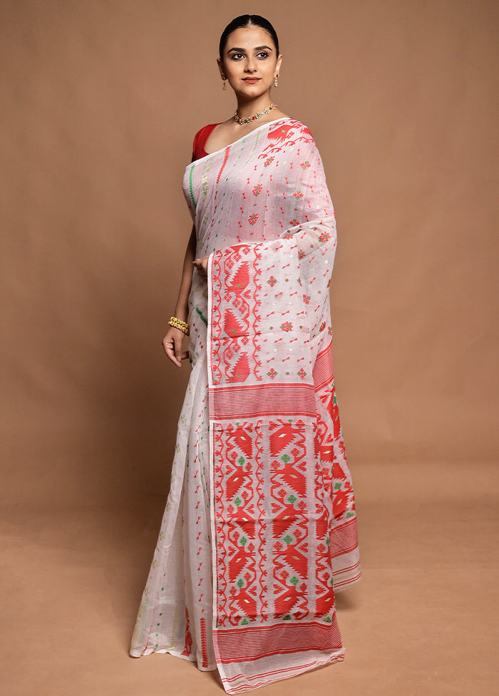 White Tant Jamdani Saree Without Blouse Piece