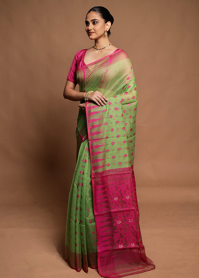 Green Tant Jamdani Saree Without Blouse Piece