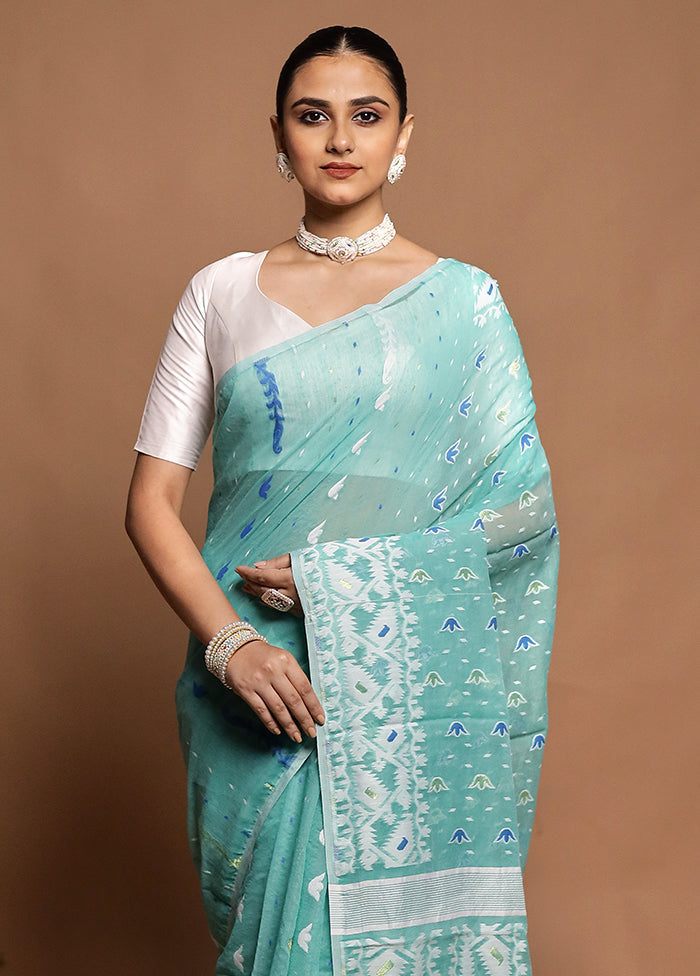 Green Tant Jamdani Saree Without Blouse Piece