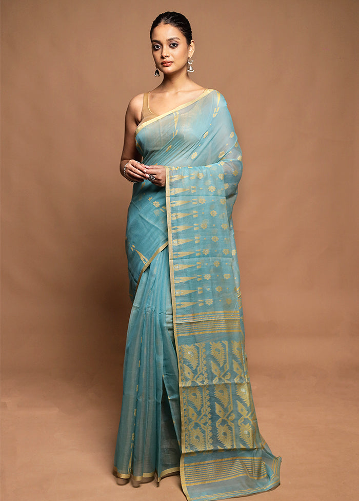 Blue Tant Jamdani Saree Without Blouse Piece