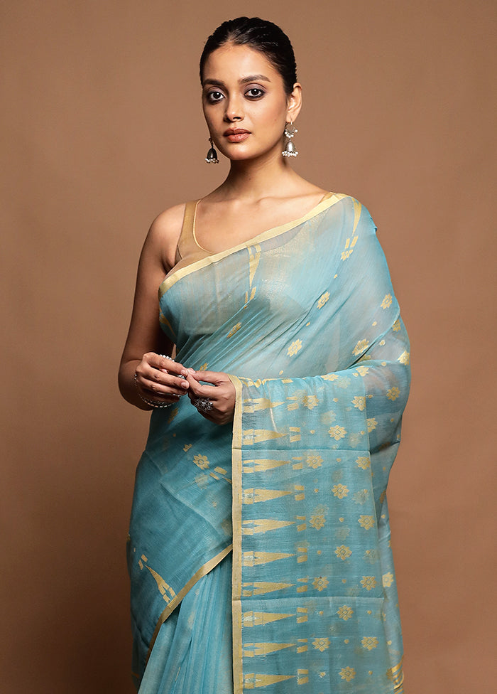 Blue Tant Jamdani Saree Without Blouse Piece