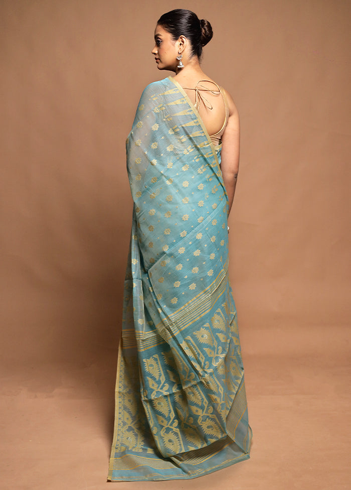 Blue Tant Jamdani Saree Without Blouse Piece