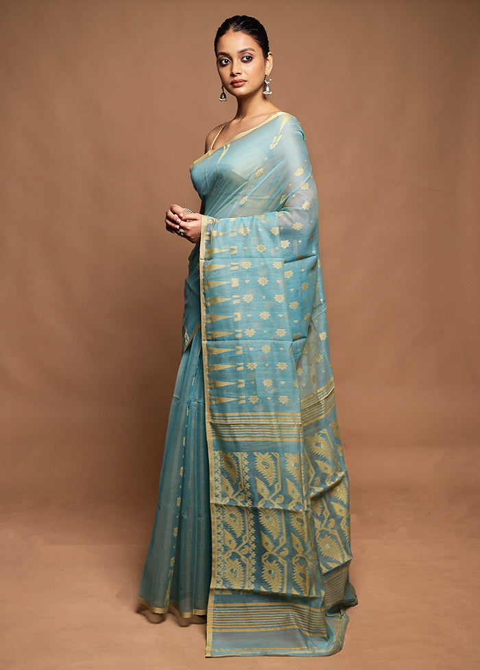 Blue Tant Jamdani Saree Without Blouse Piece