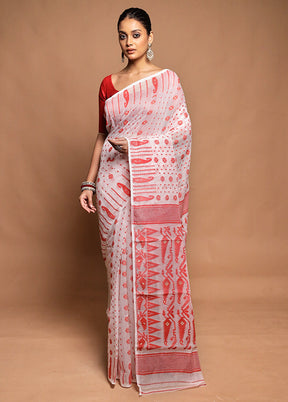 White Tant Jamdani Saree Without Blouse Piece
