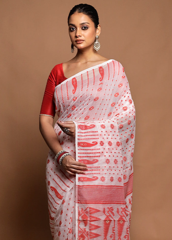 White Tant Jamdani Saree Without Blouse Piece