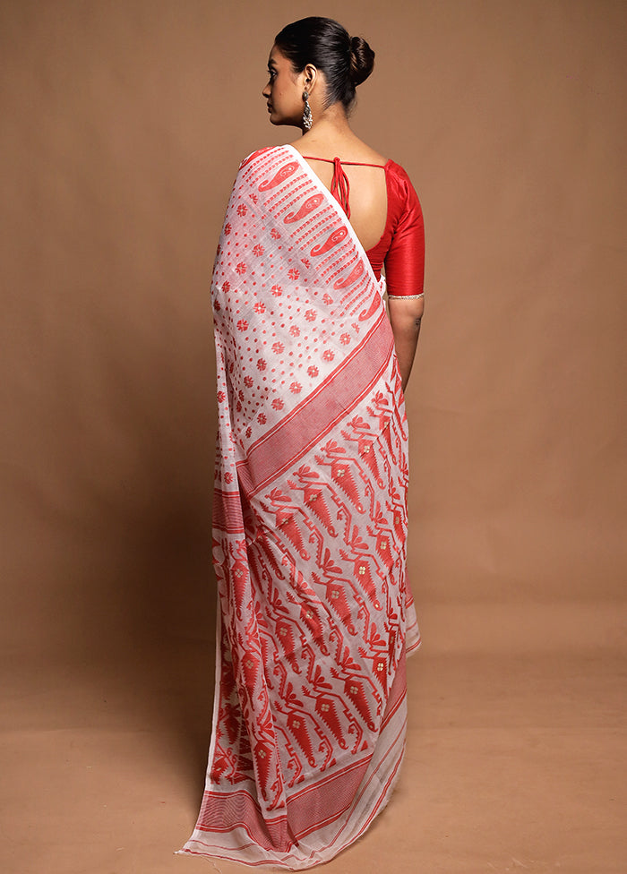 White Tant Jamdani Saree Without Blouse Piece