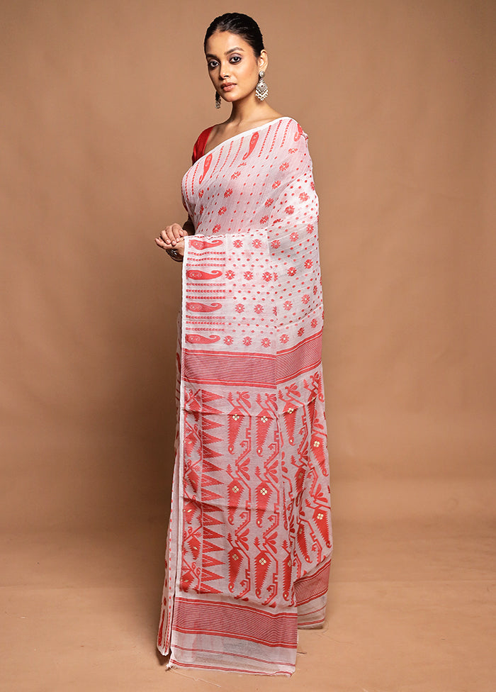 White Tant Jamdani Saree Without Blouse Piece