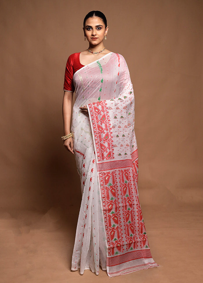 White Tant Jamdani Saree Without Blouse Piece