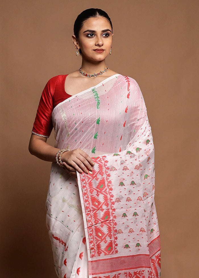 White Tant Jamdani Saree Without Blouse Piece