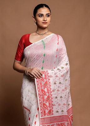 White Tant Jamdani Saree Without Blouse Piece