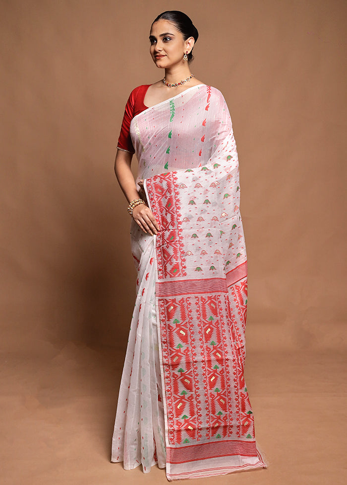 White Tant Jamdani Saree Without Blouse Piece