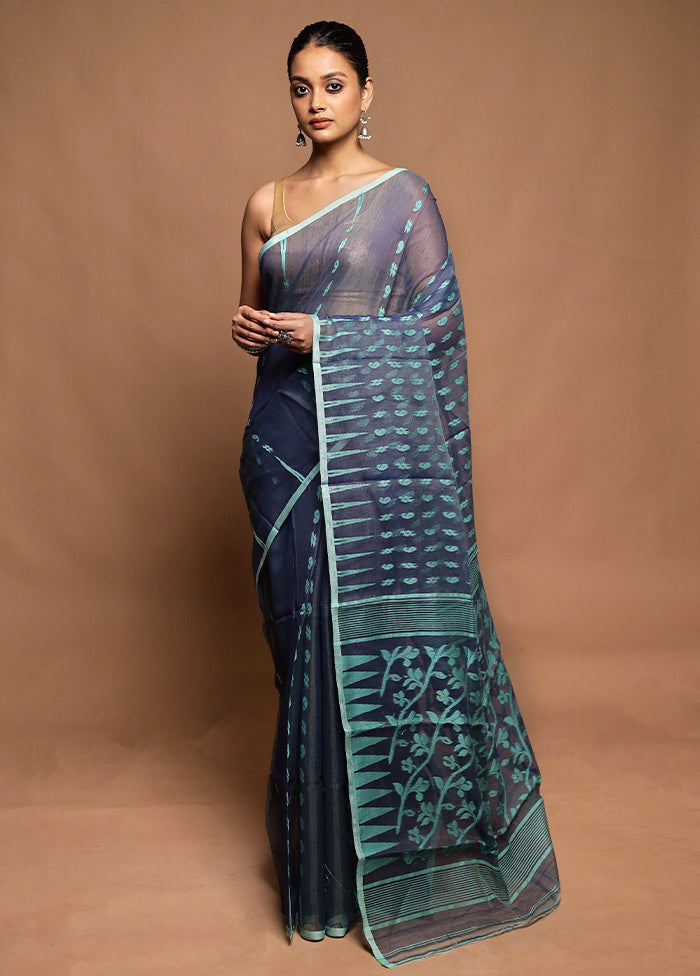 Blue Tant Jamdani Saree Without Blouse Piece