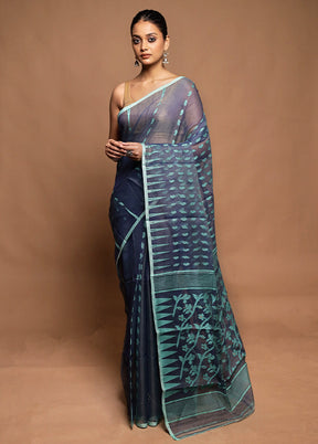 Blue Tant Jamdani Saree Without Blouse Piece
