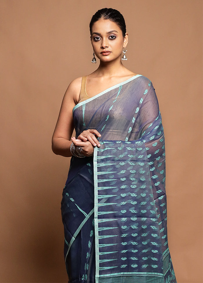 Blue Tant Jamdani Saree Without Blouse Piece
