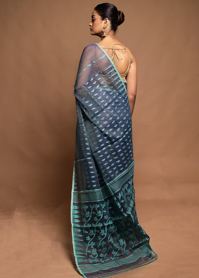 Blue Tant Jamdani Saree Without Blouse Piece