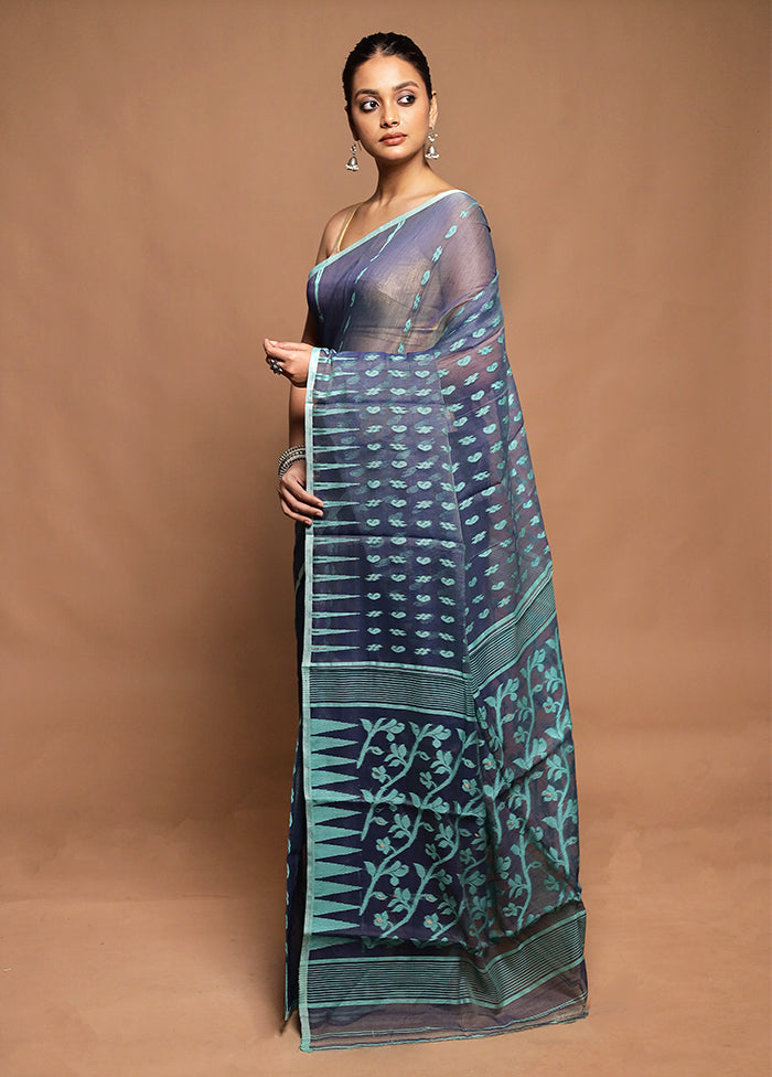 Blue Tant Jamdani Saree Without Blouse Piece