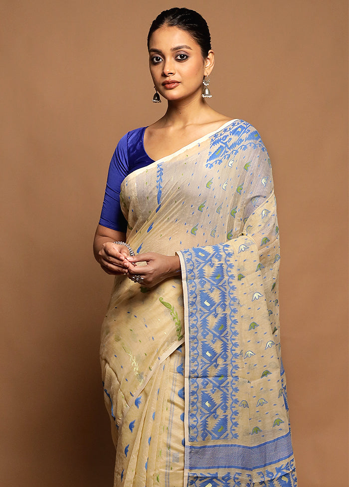 Cream Tant Jamdani Saree Without Blouse Piece