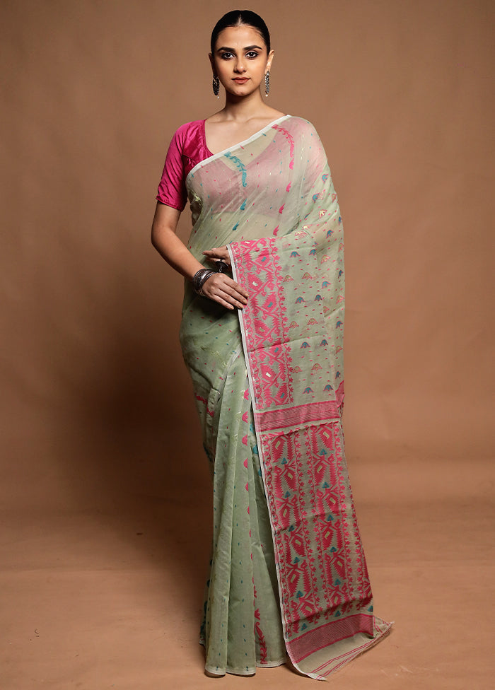 Green Tant Jamdani Saree Without Blouse Piece