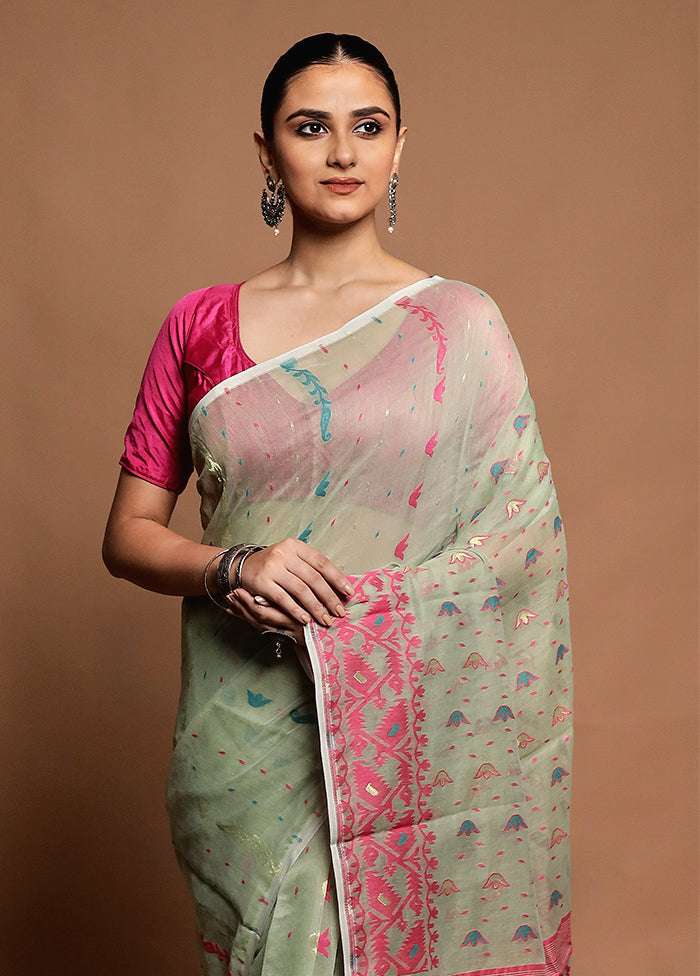 Green Tant Jamdani Saree Without Blouse Piece