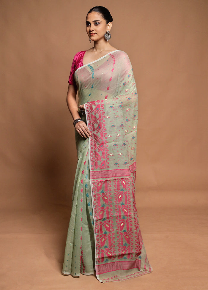 Green Tant Jamdani Saree Without Blouse Piece