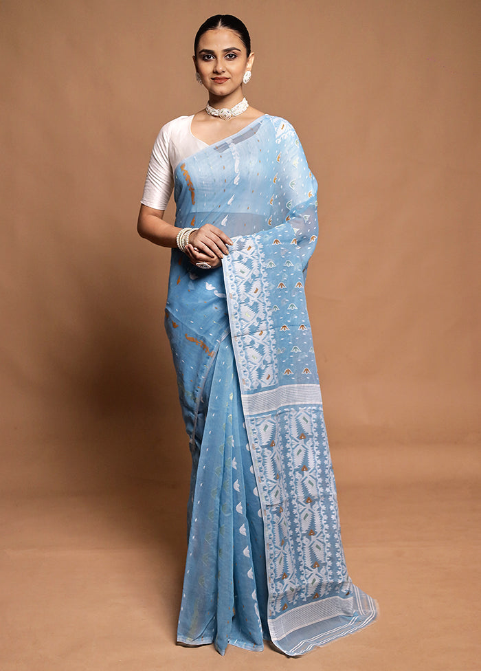 Blue Tant Jamdani Saree Without Blouse Piece