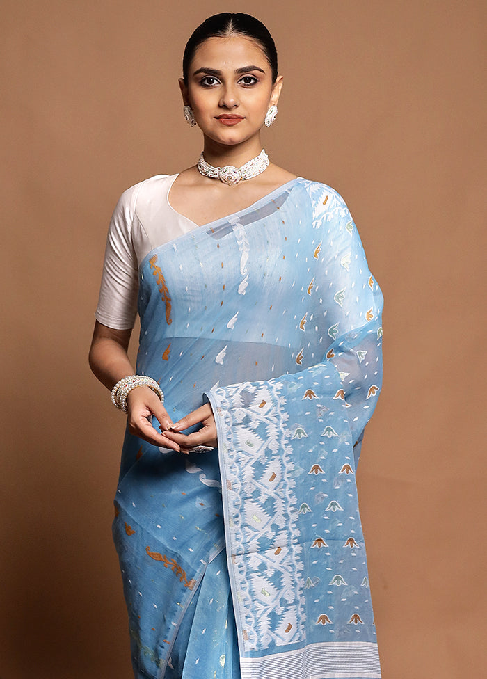 Blue Tant Jamdani Saree Without Blouse Piece
